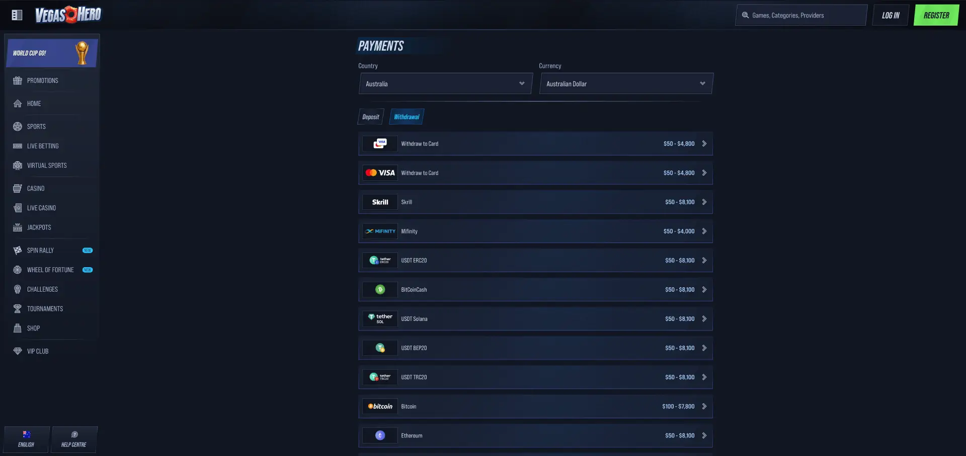 Vegas Hero withdrawal methods Australia